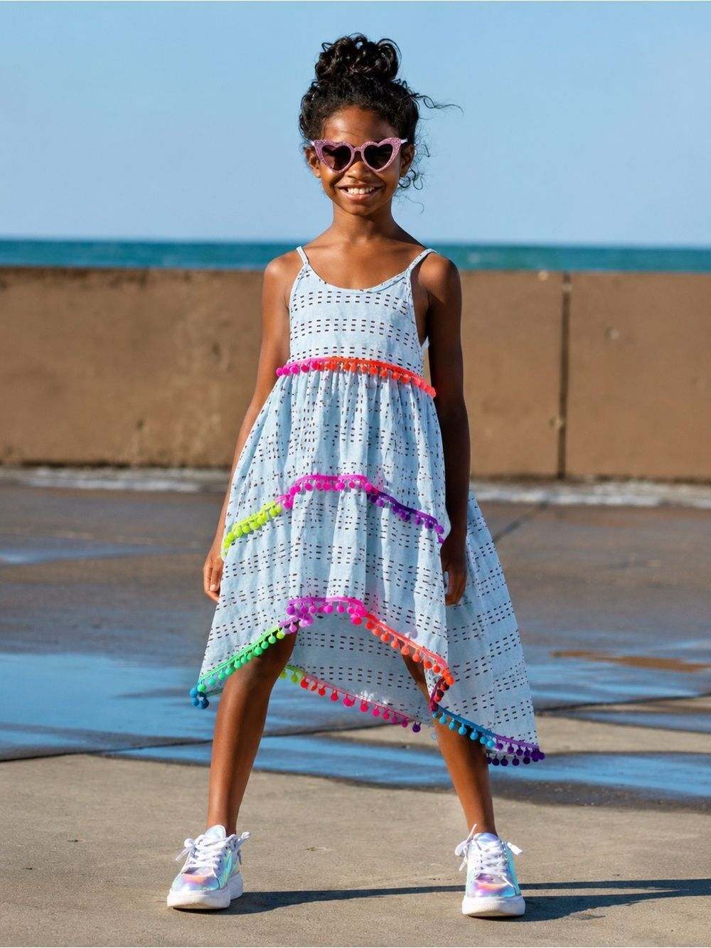 Lola and The Boys Baby Blue Cotton High Low Pom Pom Sun Dress Sz 14 *Flawed*